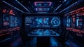 futuristic high tech control room with digital screens and holographic data displays in a dark modern command center Royalty Free Stock Photo