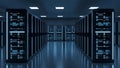 Futuristic Server Room Data Center with Rows of Racks and Blue LED Lights Royalty Free Stock Photo