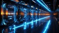 A modern high-tech data center with several rows of working servers in one room. Big data. Generative AI Royalty Free Stock Photo