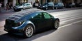 Modern high-tech eco electric car on city street or road, with solar panel, Green energy and alternative source