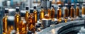 Modern high-tech labeling machine applying labels on bottles in an automated factory setting