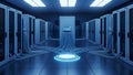 Futuristic Server Room with Glowing Blue Lights and Network Cables Royalty Free Stock Photo