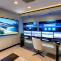 A modern, high-tech smart home control room with touchscreen panels and automation displays2, Generative AI