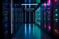 Modern High-Tech Telecommunications Operational Data Center in Neon Lights. concept. Generative AI Royalty Free Stock Photo