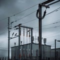 Modern high voltage substation, complex cable array, overcast sky, midangle, industrial innovation