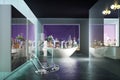 Modern highrise contemporary bathroom interior with view of the city