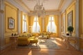 Modern hightech classical interior design living room in yellow tones and color