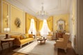 Modern hightech classical interior design living room in yellow tones and color