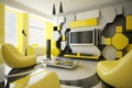 Modern hightech classical interior design living room in yellow tones and color