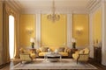 Modern hightech classical interior design living room in yellow tones and color