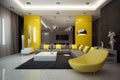 Modern hightech classical interior design living room in yellow tones and color