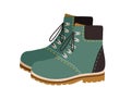 Modern hiking or tracking boots with flat sole and laces. Fashion casual walking footwear. Colored vector illustration