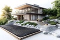 Modern hillside home with landscape construction and black geogrid installation by workers Royalty Free Stock Photo