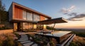 Modern Hillside Villa with Infinity Pool Sunset Royalty Free Stock Photo