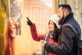 Modern hipster couple shopping on winter cloth pointing moda sto Royalty Free Stock Photo