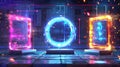 Modern hologram-effect and neon portals. Magic circle and square podiums and teleport platforms with colored light beams