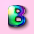 Modern holographic letter B .Gelatinous letter of the alphabet. 3d letter lollipop. Volumetric letter with watercolor divorce. a d