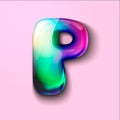 Modern holographic letter P .Gelatinous letter of the alphabet. 3d letter lollipop. Volumetric letter with watercolor divorce. a d