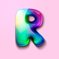 Modern holographic letter R .Gelatinous letter of the alphabet. 3d letter lollipop. Volumetric letter with watercolor divorce. a d