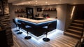 Modern Home Bar with White Countertop and Black Barstools Royalty Free Stock Photo