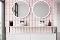 Modern home bathroom interior with double sink and drawer, panoramic window Royalty Free Stock Photo