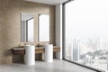 Modern home bathroom interior with washbasin and panoramic window, accessories Royalty Free Stock Photo