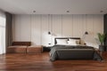 Modern home bedroom interior with bed, couch and panoramic window with tulle