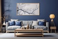 interior wall blue modern sofa furniture design room apartment wood home. Generative AI. Royalty Free Stock Photo