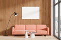 Modern home chill room interior couch and panoramic window, mockup frame Royalty Free Stock Photo