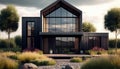 Modern Home in the Countryside: An American House with a Beautiful Garden and Large Windows. Generative Ai