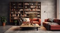 Industrial Living Room With Red Sofas And Bookshelves