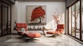Modern Living Room Decor With Orange Teac Lounge Chairs And Wood Wall Art