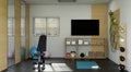 Modern home fitness gym exercise room interior design with sport equipments