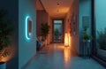 Modern home hallway features smart tech. Wall panel glows blue, ceiling spotlights, floor lamp emit warm light. Interior design Royalty Free Stock Photo