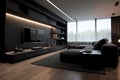 Modern home interior, black and dark brown design of living room, minimalist style. Inside luxury elegant apartment with TV, led Royalty Free Stock Photo