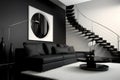 Modern home interior, black and white design of living room, dark minimalist style. Inside luxury two-level apartment with stairs Royalty Free Stock Photo