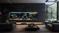 Modern home interior design, luxury aquarium inside villa or mansion. Dark contemporary living room of house in forest. Concept of Royalty Free Stock Photo