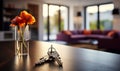 Modern Home Interior with Focus on House Keys on Table Blurred Background of Stylish Living Room and Kitchen Royalty Free Stock Photo
