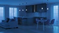 Modern home interior with gray kitchen. Night. Evening lighting.
