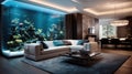 Modern home interior with luxury big aquarium, brown design of contemporary living room. Inside rich house or villa. Concept of
