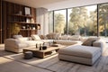 Modern home interior with minimalist design, wooden furniture, inside cozy living room with panoramic window. Concept of