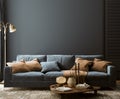 Modern home interior mock-up with dark blue sofa, table and decor in living room Royalty Free Stock Photo
