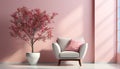 Modern home interior with pink sofa, elegant chair, and purple flower generated by AI Royalty Free Stock Photo