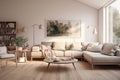 Modern home interior with wooden furniture, painting and plant. Contemporary Scandinavian wood design of cozy living room, Royalty Free Stock Photo