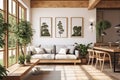 Modern home interior with wooden furniture and plants, Scandinavian style. Posters on white wall in contemporary living room of Royalty Free Stock Photo