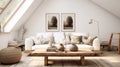 Modern home interior with wooden furniture, posters and white walls. Contemporary Scandinavian minimalist style of living room at Royalty Free Stock Photo