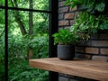 Modern home interior with a wooden shelf and lush green plants Royalty Free Stock Photo