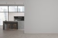 Modern home kitchen interior with bar island, panoramic window. Mockup wall Royalty Free Stock Photo