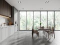 Modern home kitchen interior with cooking and eating space, panoramic window Royalty Free Stock Photo