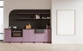 White home kitchen interior with purple cabinet and window. Mock up frame Royalty Free Stock Photo